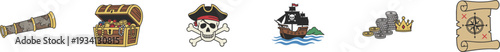 Pirate adventure icon set featuring treasure chest, skull, and ship