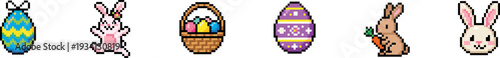Pixel art set of Easter icons including bunnies, eggs and basket