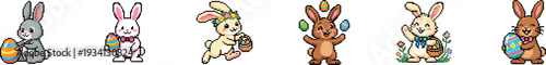 Set of cute Easter bunny characters with colorful decorated eggs
