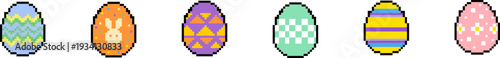 Set of pixel art Easter eggs with various colorful patterns
