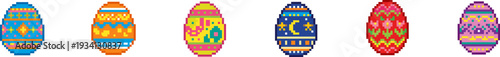 Set of colorful Easter eggs with intricate pixel art patterns