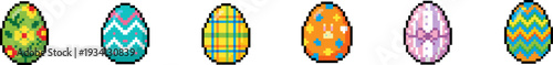 Set of pixel art Easter eggs with various colorful patterns