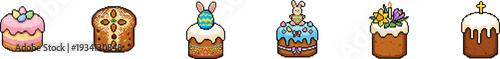Set of pixel art Easter bread cakes with various festive toppings