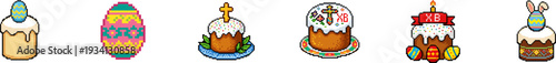 Set of pixel art Easter bread cakes and decorated eggs