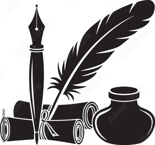 Black and white of fountain pen feather quill scrolls and inkwell