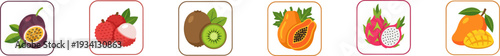 Set of colorful tropical fruit icons in rounded squares