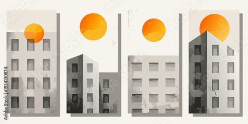 Stylized cityscape with three buildings and orange circular suns above