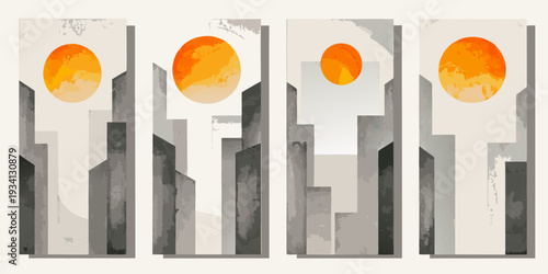 Abstract cityscape with warm orange circles resembling suns or moons