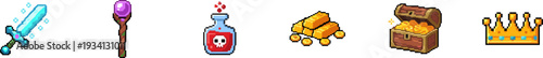 Set of pixel art fantasy game items including weapons and treasure