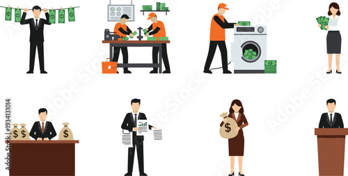 Money laundering concept vector set with illegal cash washing crime investigation and corruption scenes
