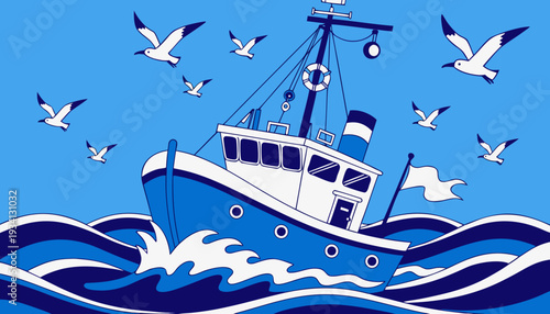 Nautical vector illustration of a pirate ship and sailing yacht traveling through blue ocean waves under a clear sky for marine transport and vacation design