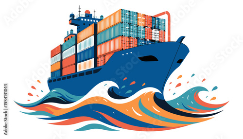 Vessel sailing in the sea and docked in the port as a vector illustration of cargo container shipping and industrial ocean freight transportation