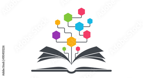 A colorful illustration of an open book with a tree growing out of it