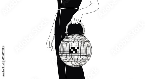A person holding a shiny disco ball handbag in a stylish outfit