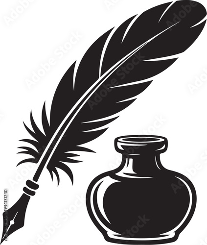 Black feather quill pen and inkwell