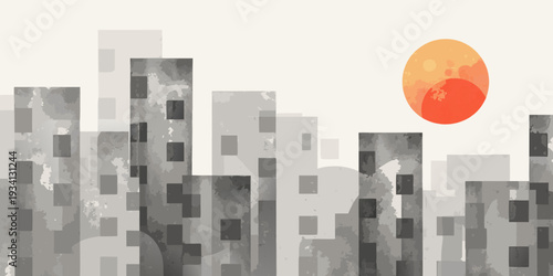 Abstract cityscape with a vibrant orange sun against a muted backdrop