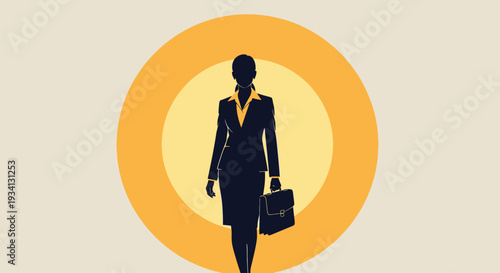 A confident businesswoman walking forward with a briefcase in a modern design setting