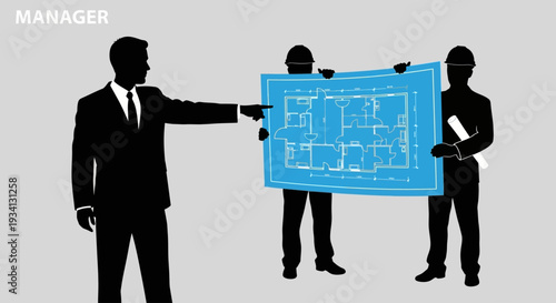 A business manager discussing a construction plan with engineers in a meeting.
