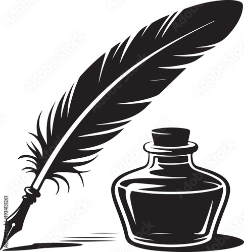 Black feather quill pen and inkwell bottle