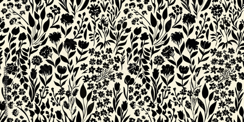 Dense floral pattern with black silhouettes on a cream background