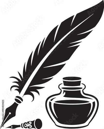 Black feather quill pen and inkwell writing instrument