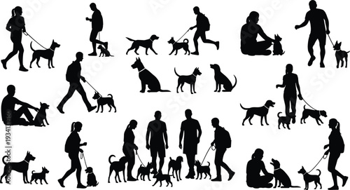 Diverse Silhouettes Of People Walking Dogs In Various Poses woman child