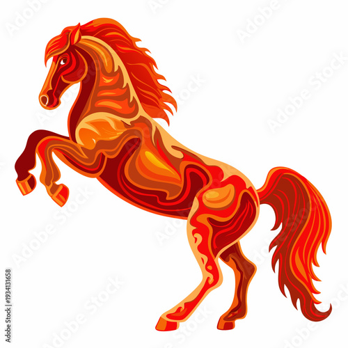 Fiery red horse rearing up a vibrant and stylized illustration