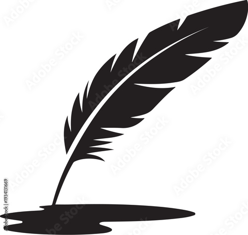 Black feather quill pen with ink puddle