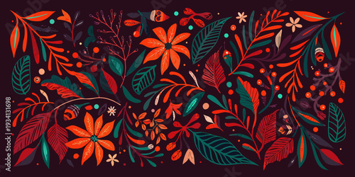 A vibrant stylized floral and foliage arrangement with rich red tones