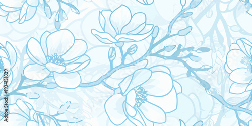 Delicate magnolia branches and blossoms create a seamless light blue pattern