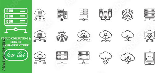 Cloud Server Infrastructure and User Access Icon Set: Database Management, Network Hierarchy, and Secure Web Hosting Solutions