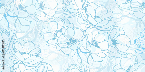 Delicate blue floral pattern featuring overlapping and blossoming flowers