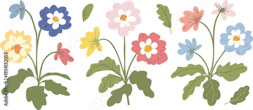 Set 1 of hand drawn folk art begonia flowers and spring English garden blossoms series set, soft pastel botanical colours in transparent white background vector