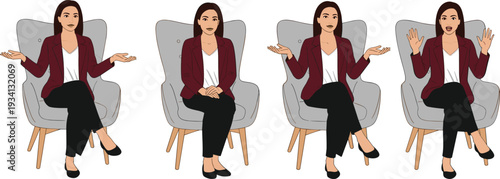 Professional businesswoman sitting in armchair showing different gestures, corporate interview conversation illustration isolated on white background