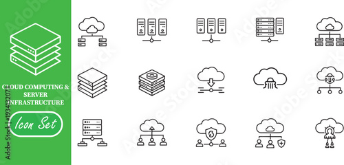 Enterprise Cloud Server and Data Migration Icon Set: Secure Information Hosting, Network Hierarchy, and Advanced Database Infrastructure