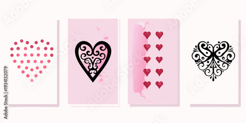 Four pink cards displaying different heart designs in a symmetrical arrangement