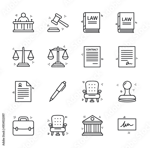 Collection of legal and justice icons in a simple line art style
