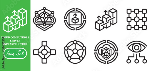 Cloud Data Scalability and Network Node Infrastructure Icon Set: Advanced Growth Analytics, Secure Mesh Networking, and Server Performance Monitoring