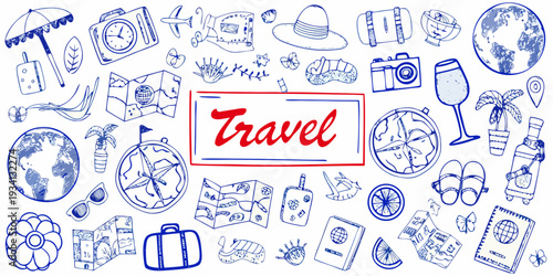 Doodle style travel icons with a globe and central travel text