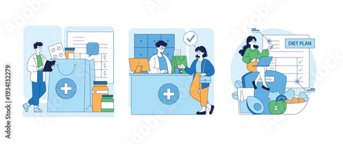 Pharmacy and Diet Consultation Vector Illustration Set