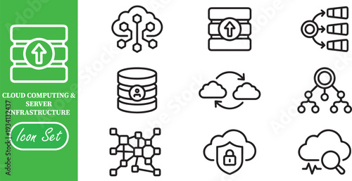 Database and Cloud Security Icon Set: Cyber Protection, Big Data Analysis, and Secure Network Infrastructure Line Icons