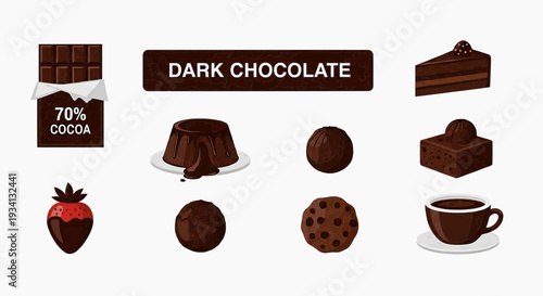 Assorted dark chocolates and treats illustrated from directly above in a clean white environment