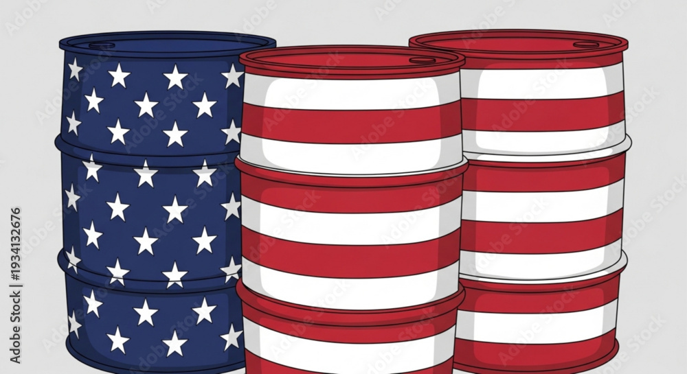 Fototapeta premium Stack of Oil Barrels Painted with USA Flag Design, Vector Illustration Representing American Energy Sector, Fuel Prices, and Shale Oil Industry.usa