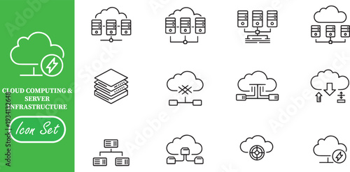 Cloud Computing and Server Infrastructure Line Icon Set: Network Database, Data Transfer, and Hosting Services Concept
