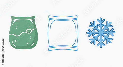 A simple vector illustration of a jar, a bag, and a snowflake side by side on a plain background