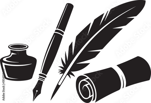 Black inkwell fountain pen feather quill scroll