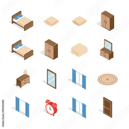 Isometric bedroom furniture and decor elements collection on white background