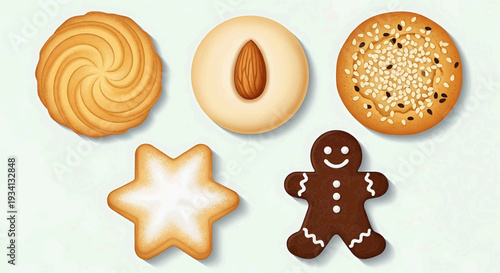 Assorted biscuits and a gingerbread man arranged on a flat surface, viewed from directly above, showcasing various textures and shapes.