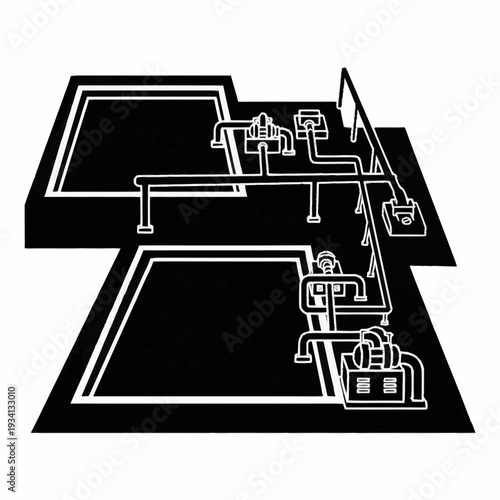 Industrial water treatment system with pumps and tanks.