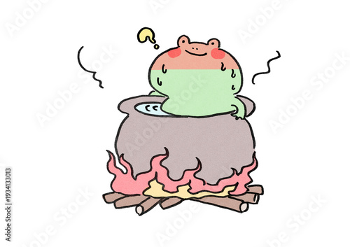 Sweating frog sitting in a pot of heating water, boiling frog syndrome concept